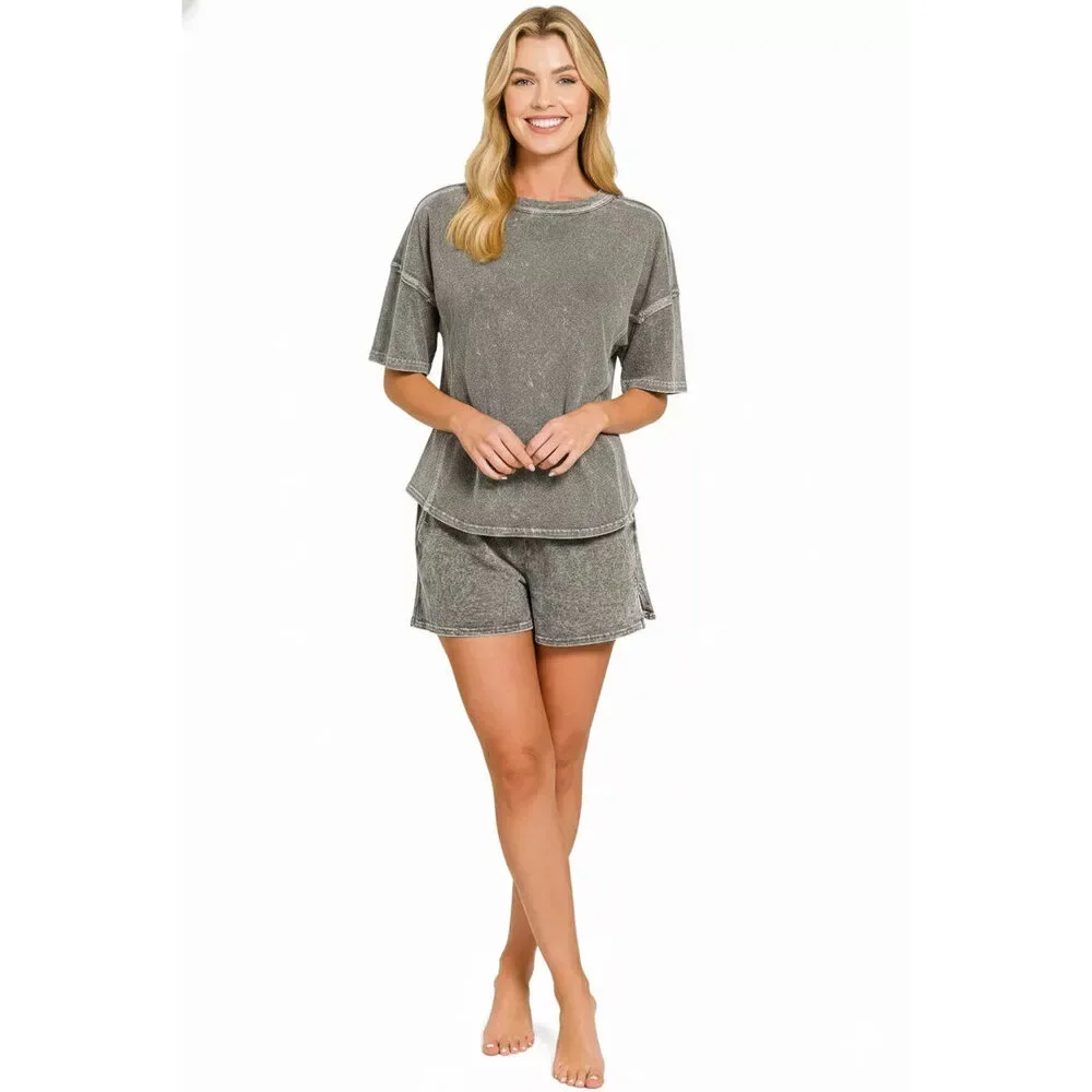 Zenana Halo Snow Washed Short Sleeve Tee and Shorts Set